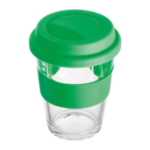 Pahar din sticlă cu manșon și capac, 300 ml